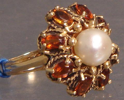 Appraisal: K YG pearl amber stone citrine or topaz cocktail ring