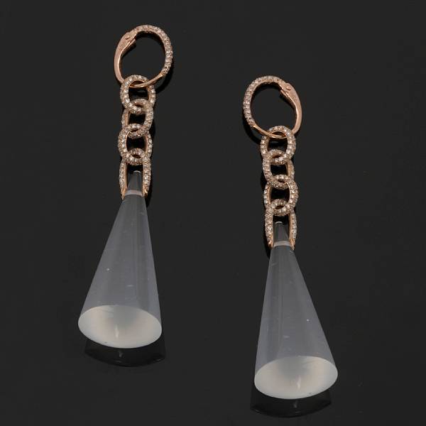 Appraisal: A pair of moonstone and diamond ear pendants detachable for