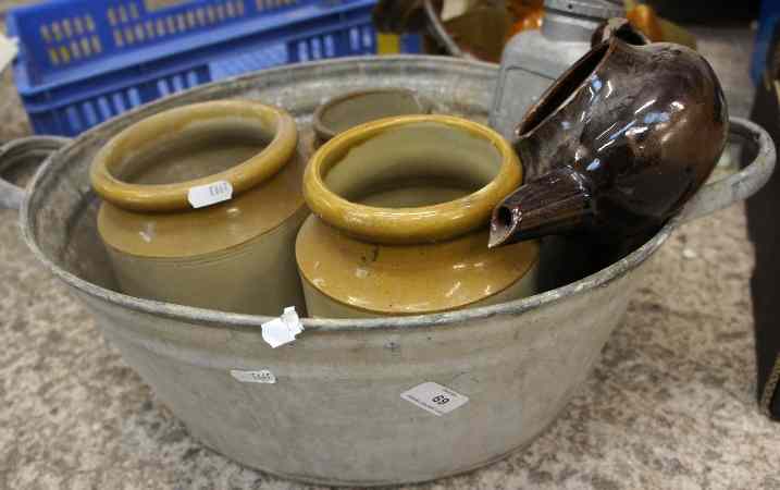 Appraisal: Lot comprising Handled Tin Kitchen Bucket Stoneware Jars Victorian Jam