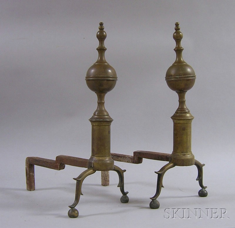 Appraisal: Pair of Brass Spire and Belted Ball-top Andirons ht in