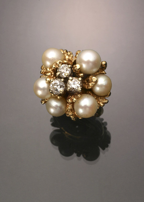 Appraisal: Tested -Karat Yellow and White-Gold Diamond and Cultured Pearl Dinner