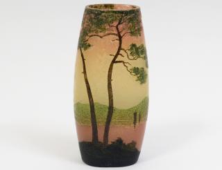 Appraisal: LEGRAS ENAMEL ART GLASS LANDSCAPE VASE French Circa Signed Height