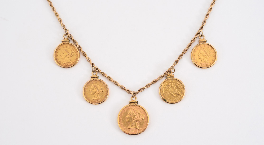 Appraisal: US GOLD COIN NECKLACE k yellow gold twist necklace with