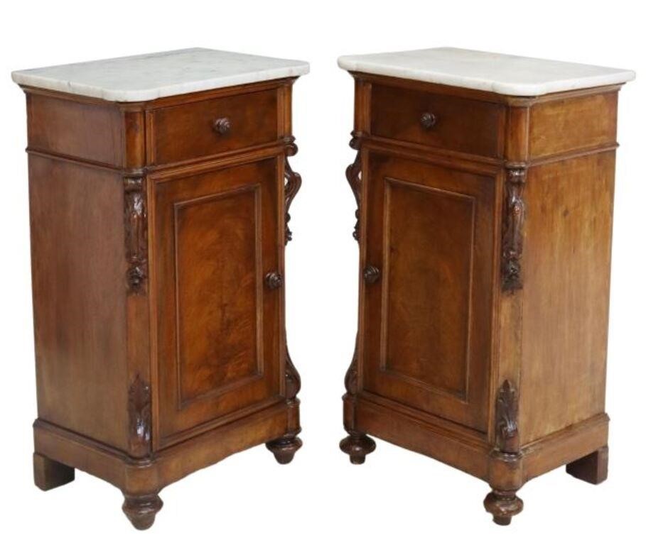 Appraisal: pair Italian marble-top mahogany bedside cabinets th c having one