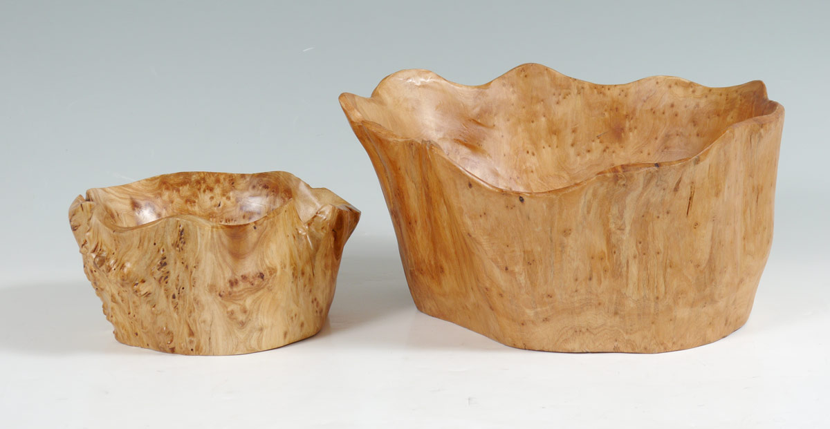 Appraisal: PAIR CONTEMPORARY CARVED BURL ROOT BOWLS Larger of the measures