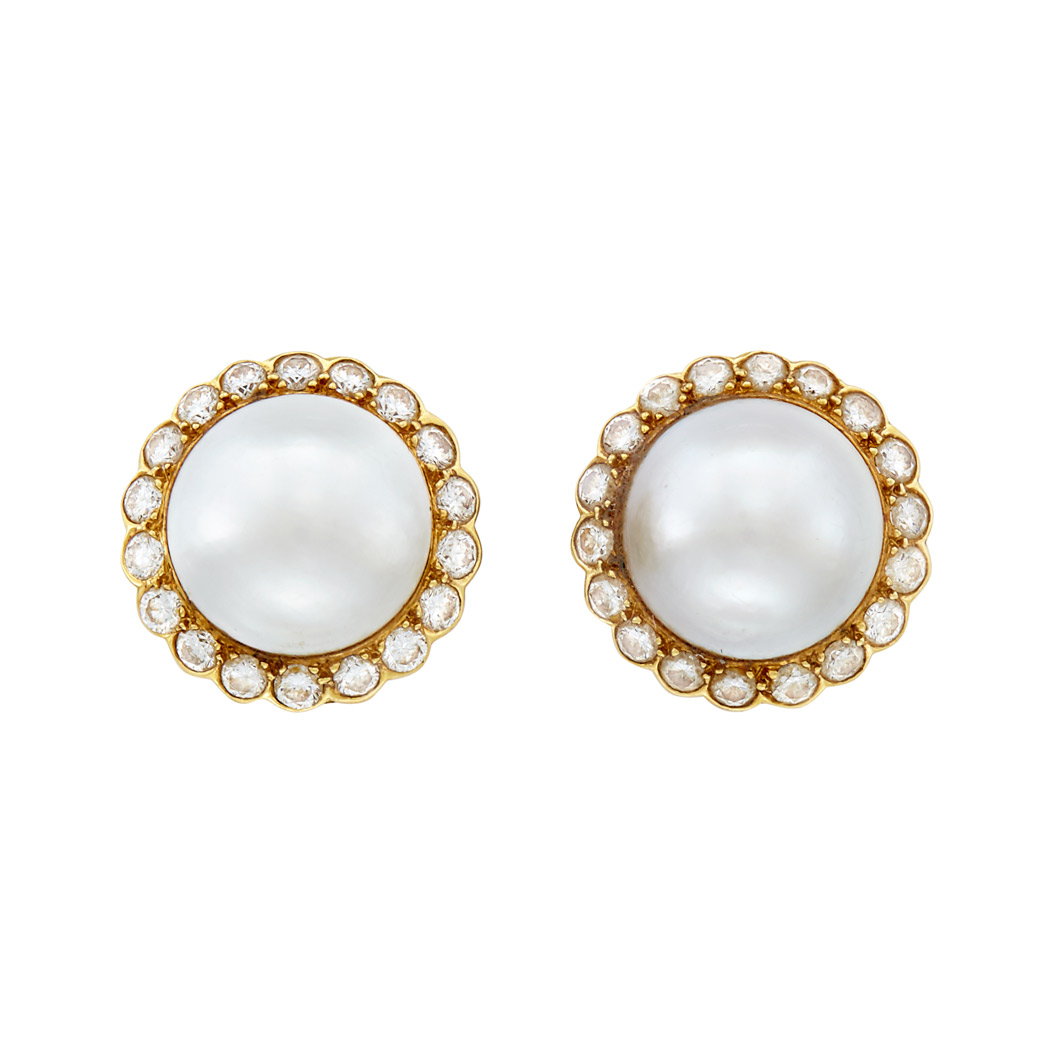 Appraisal: Pair of Gold Mabe Pearl and Diamond Earclips Van Cleef