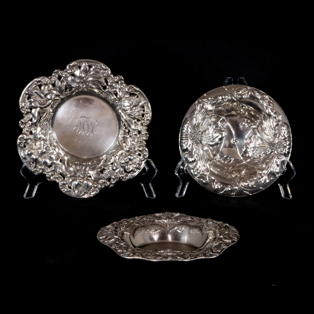 Appraisal: THREE ART NOUVEAU STERLING BOWLS Three Art Nouveau sterling bowls