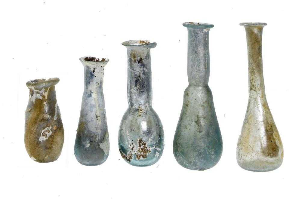 Appraisal: ANTIQUITIES FOUR ROMAN GLASS BOTTLES AND PHIALS free blown -