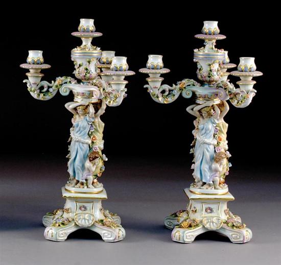 Appraisal: Pair Dresden-style figural candelabra central candle above center column with