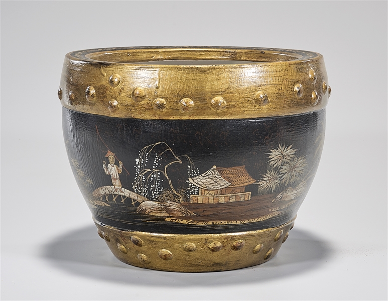 Appraisal: Chinese gilt painted porcelain jardiniere with figures and landscape scene