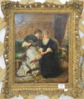 Appraisal: Victorian interior oil on canvas painting of two women gossiping