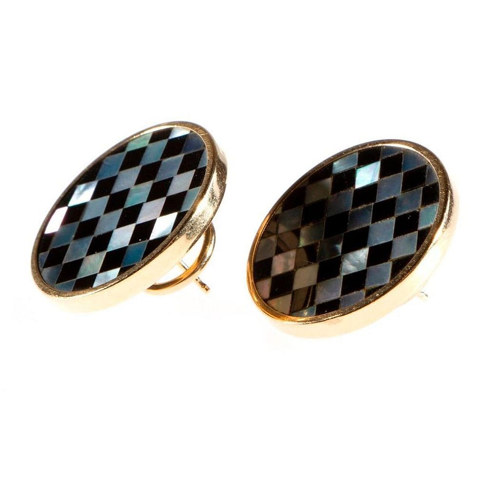 Appraisal: Pair of mother-of-pearl onyx and k gold earrings stamped B