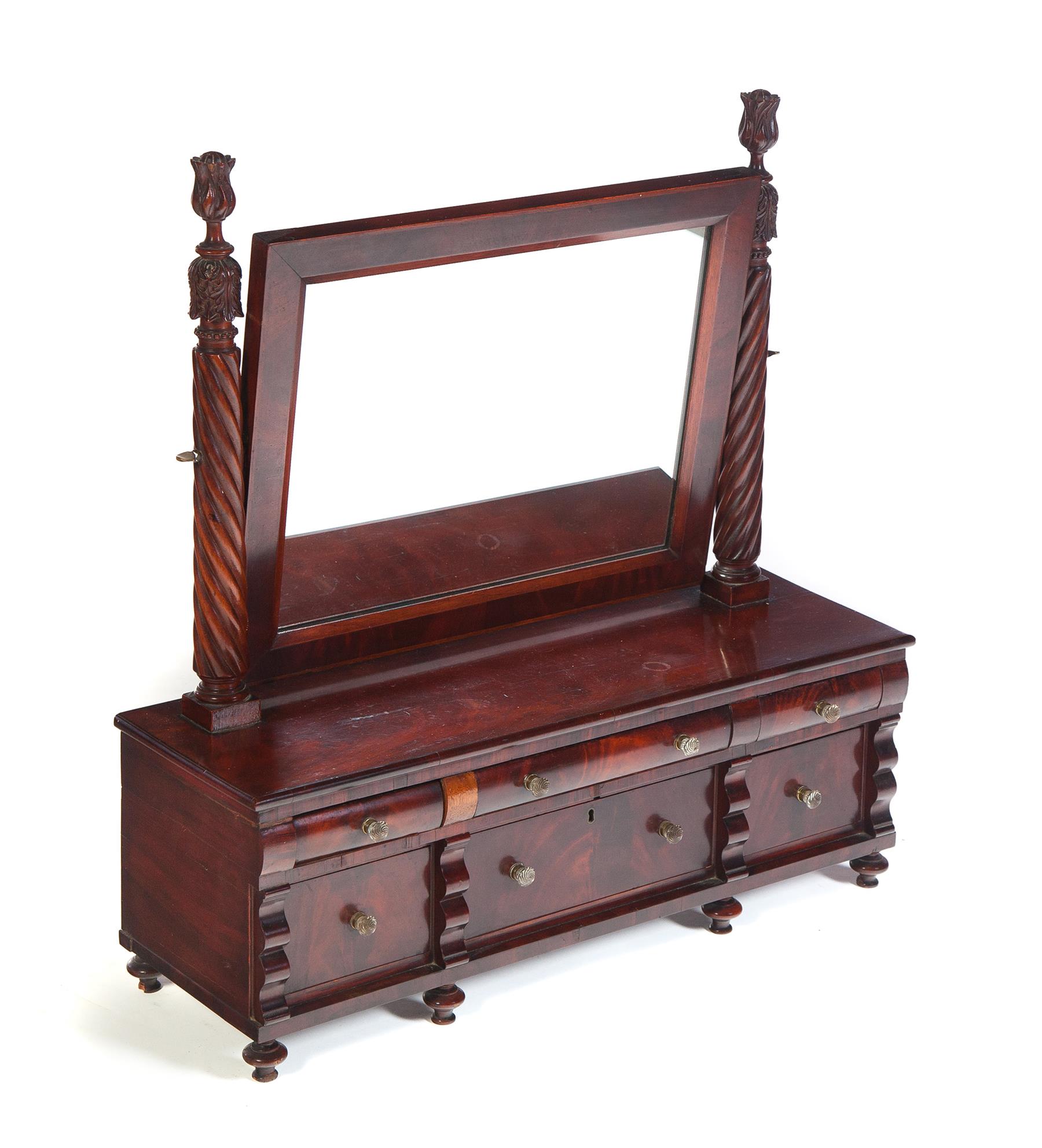 Appraisal: AMERICAN EMPIRE SHAVING MIRROR Ca pine and flame grain mahogany