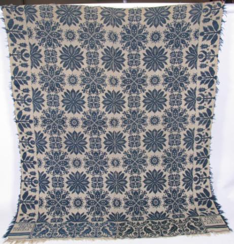 Appraisal: Blue and white jacquard coverlet with tree and oak leaf