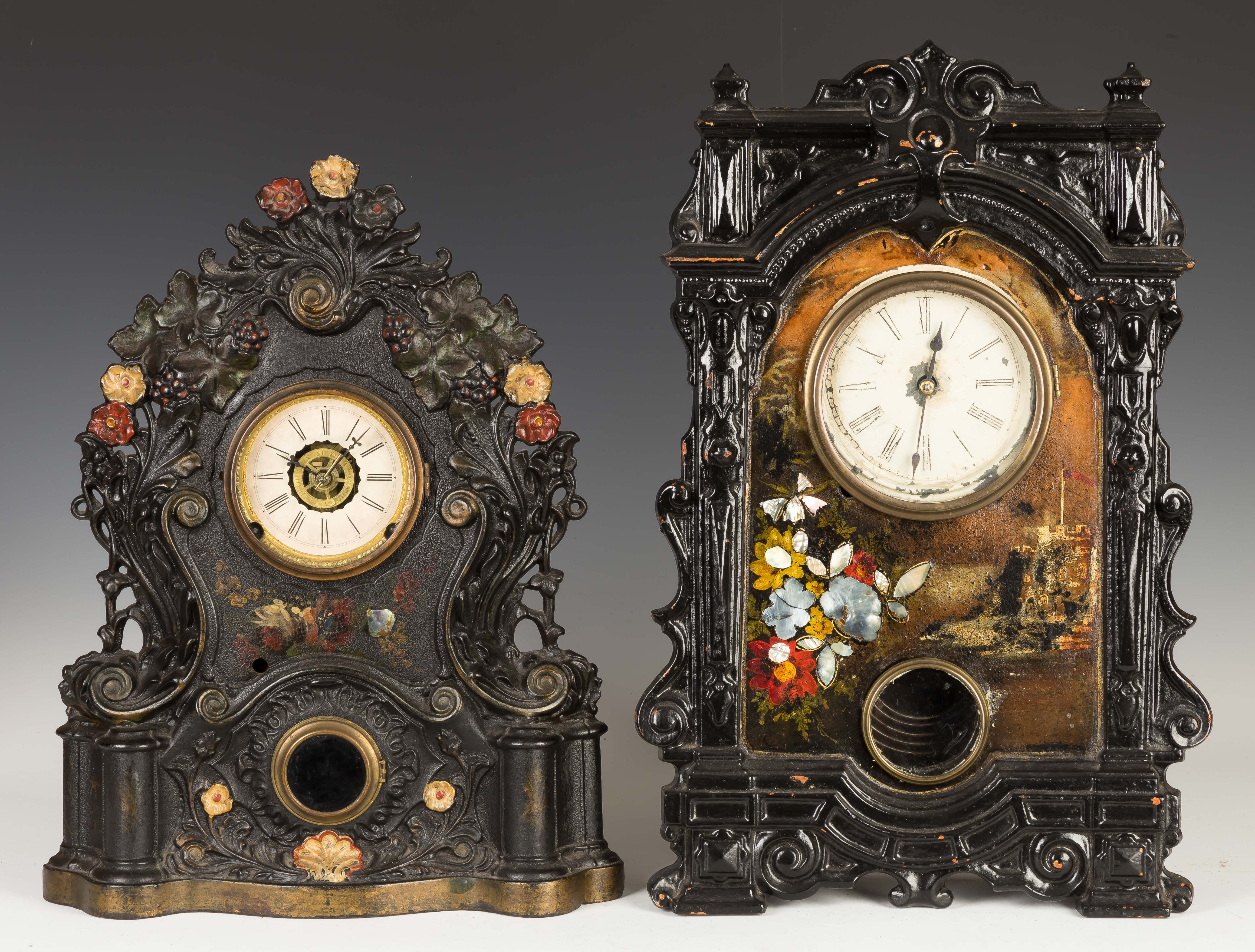 Appraisal: Two Victorian Iron Front Shelf Clocks L Depot NY Cortland