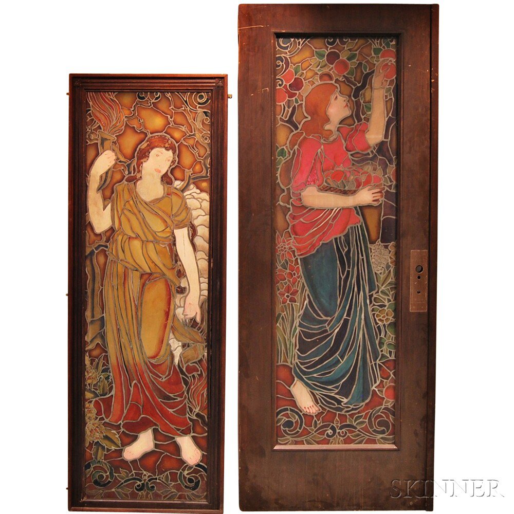 Appraisal: Two Painted Glass Panels of Women a door with a