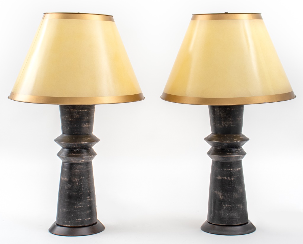 Appraisal: GIACOMETTI STYLE FAUX BRONZE TABLE LAMPS PR Pair of Modern