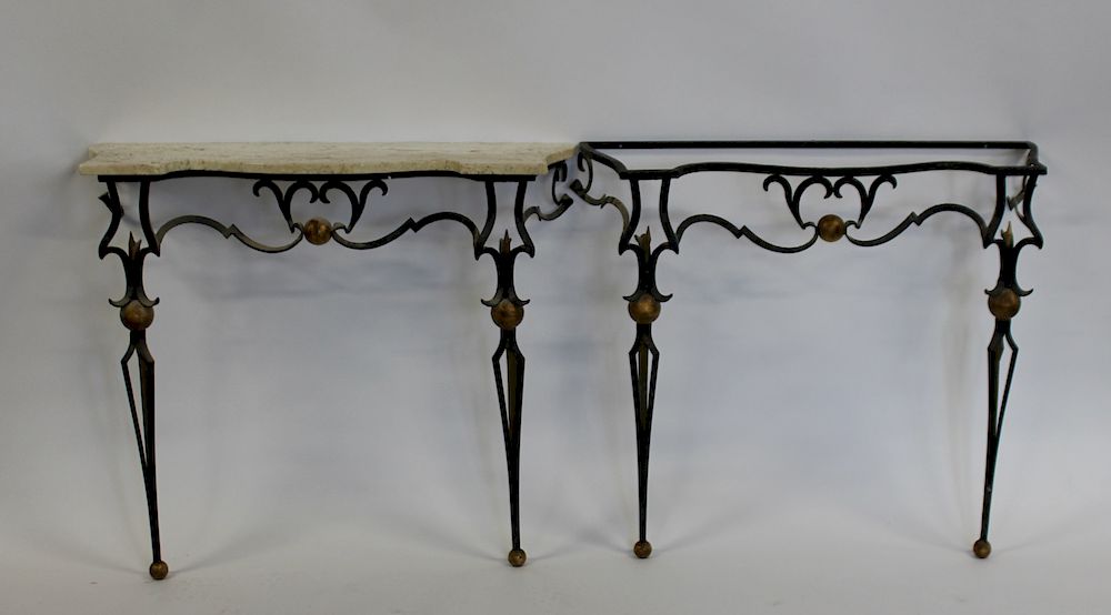 Appraisal: Pair of Patinated and Gilt Decorated Iron Consoles With Marbletops