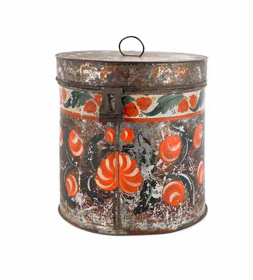 Appraisal: Large toleware canister th c with floral and fruit decoration