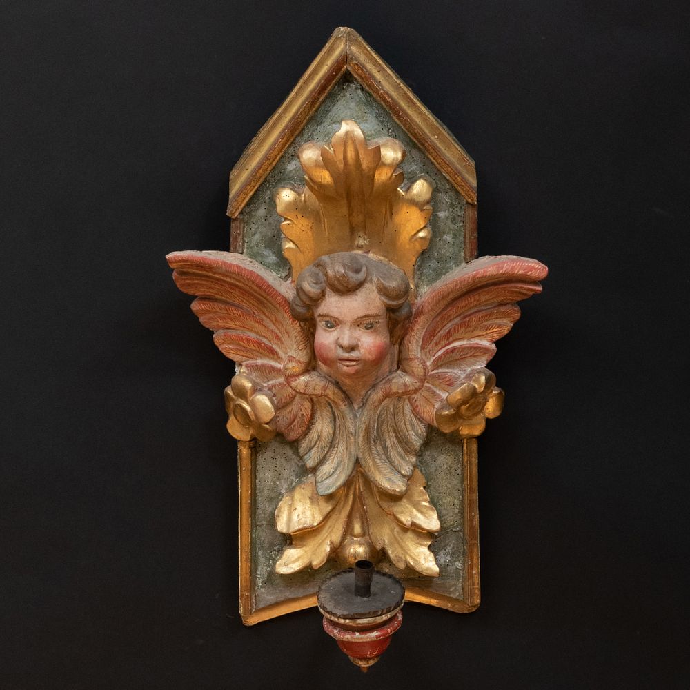 Appraisal: Italian Polychrome Painted and Parcel-Gilt Cherub Carved Wall Light Formerly