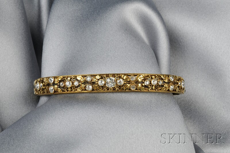 Appraisal: Arts Crafts kt Gold and Diamond Bangle bezel-set overall with