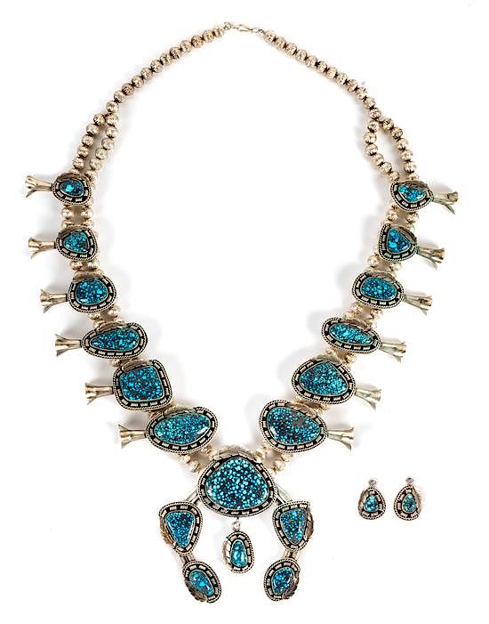 Appraisal: Southwestern Silver and High-Grade Spiderweb Turquoise Squash Blossom Necklace and