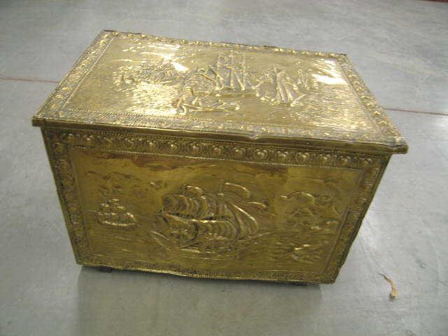 Appraisal: Brass Wood Fireplace Tender Box sailing ship decor