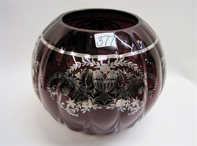 Appraisal: RUBY-RED GLASS SILVER OVERLAY ROSE BOWL ribbed with vertical panels