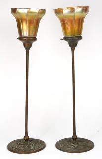 Appraisal: Pair of Art and Crafts style patinated bronze candlesticks Pair