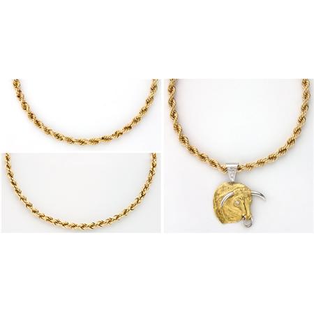 Appraisal: Three Gold Rope-Twist Chain Necklaces and Pendant Estimate -