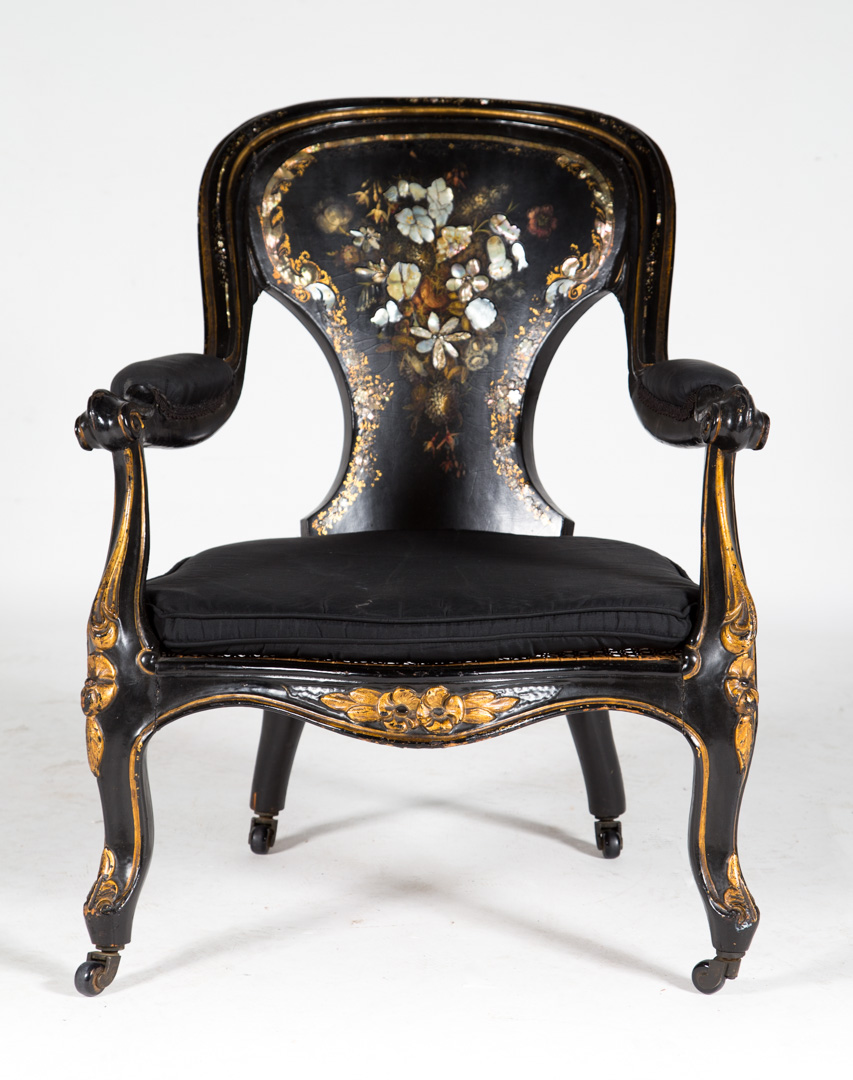 Appraisal: English Rococo Revival black lacquer armchair circa black parcel-gilt ground