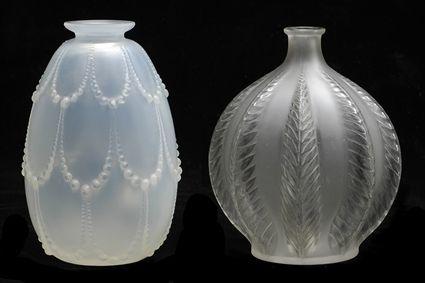 Appraisal: TWO LALIQUE MOLDED GLASS SMALL VASES PERLES AND MALINES The