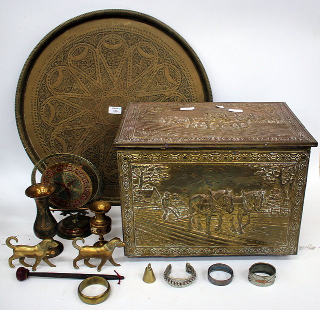 Appraisal: AN OLD CIRCULAR BRASS TRAY COAL BOX plus further brass