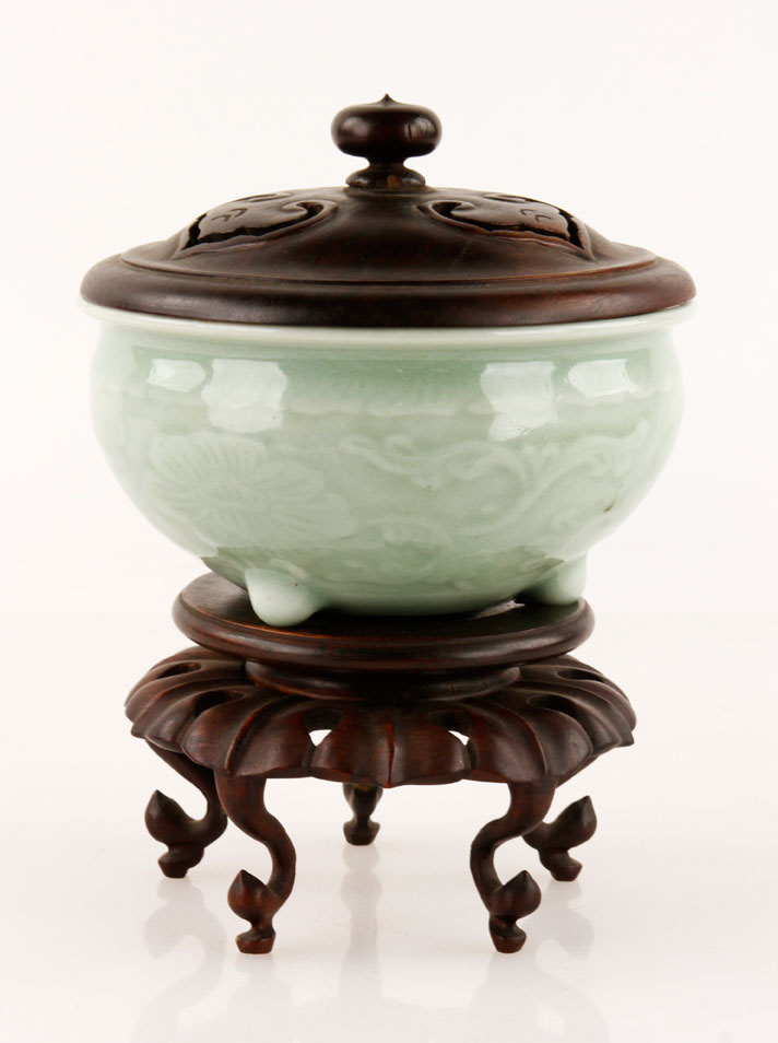 Appraisal: - Celadon Bowl on Stand Celadon bowl with carved top