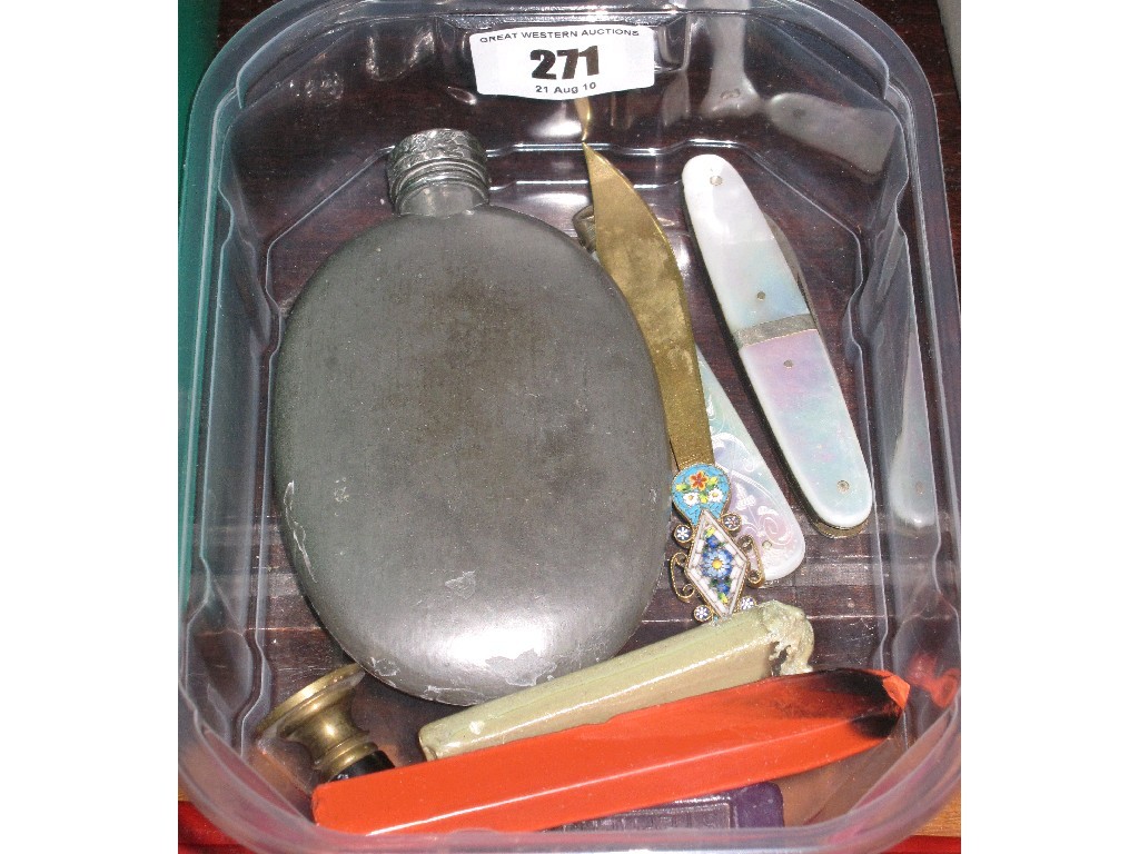 Appraisal: Box of miscellania - hip flask pocket knife etc