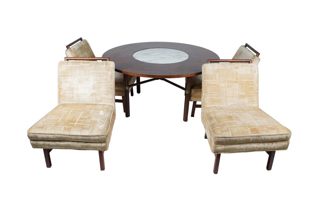 Appraisal: WILLIAM HAINES STYLE ROUND GAME TABLE WITH FOUR CHAIRSwith travertine