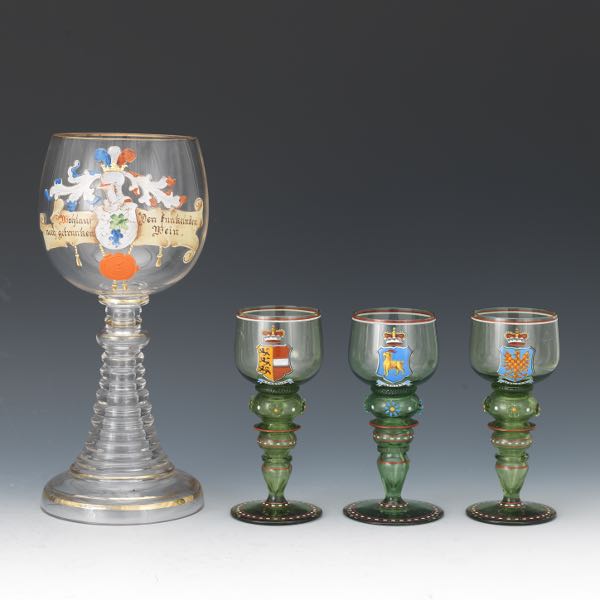 Appraisal: LARGE GERMAN ARMORIAL HAND BLOWN GLASS CHALICE AND THREE ARMORIAL