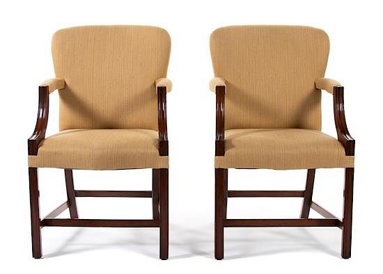 Appraisal: A Pair of George III Style Upholstered Mahogany Armchairs A