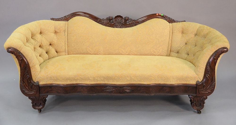 Appraisal: Empire Mahogany Carved Sofa with custom upholstery circa height inches