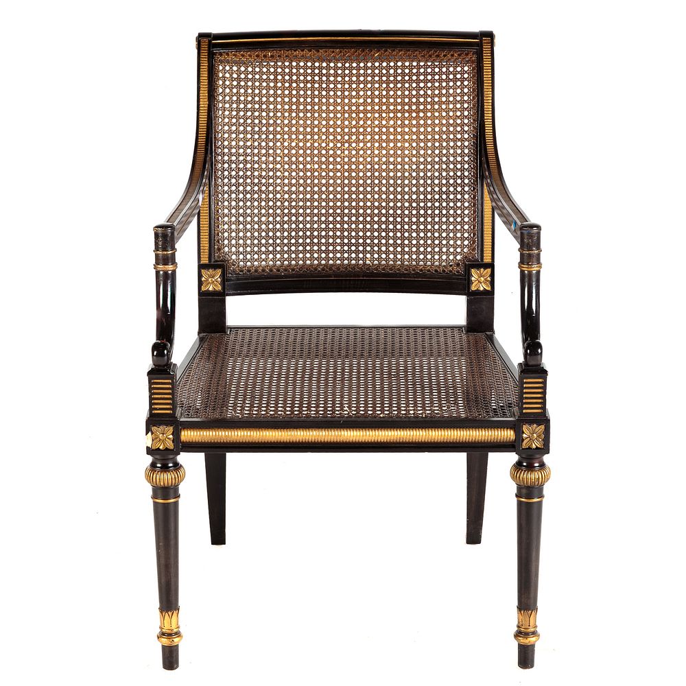 Appraisal: Baker American Classical Arm Chair Ebonized finish with gilt highlighted