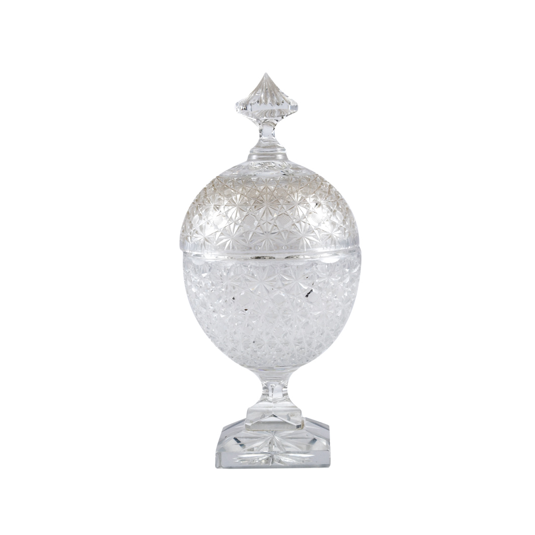 Appraisal: Cut Colorless Glass Covered Candy Bowl Height inches