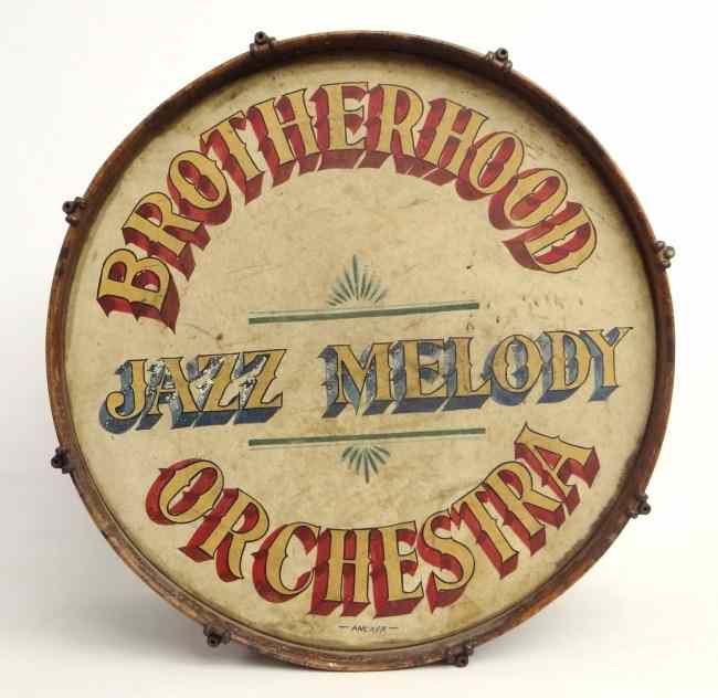 Appraisal: C painted drum ''Brotherhood Jazz Melody Orchestra'' '' Diameter