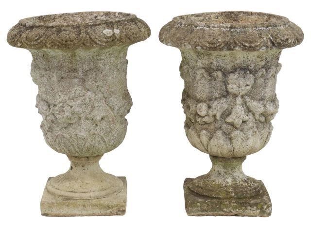 Appraisal: pair French cast stone composite campana-form garden urns having patterned