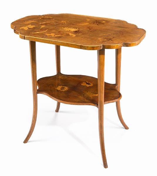 Appraisal: A Gall fruitwood and marquetry two-tier tea table circa signed