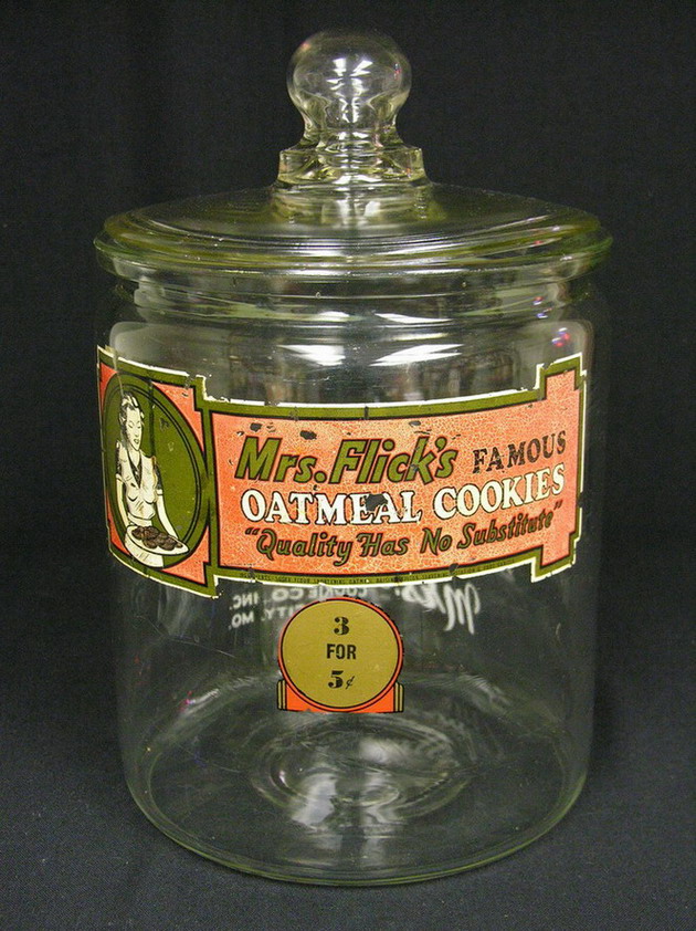 Appraisal: MRS FLICKS OATMEAL COOKIE JAR Glass lid has manufacturing warp