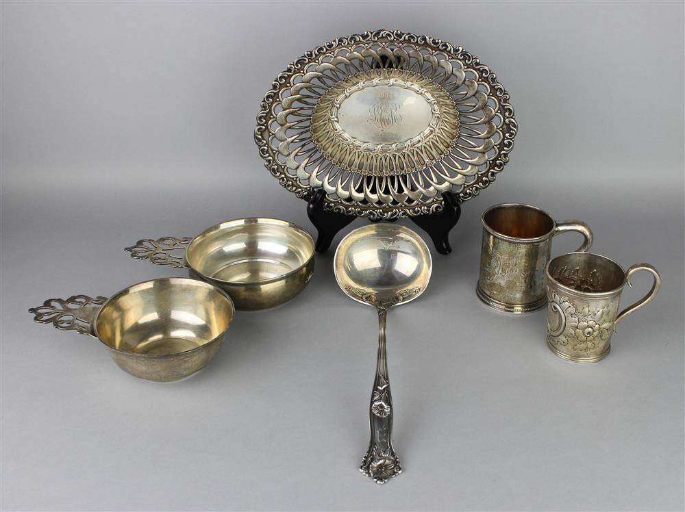 Appraisal: FIVE AMERICAN SILVER AND ONE COIN PIECES including a mug