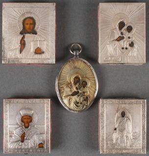 Appraisal: RUSSIAN ICONS WITH SILVER OKLADS CIRCA A GROUP OF FIVE