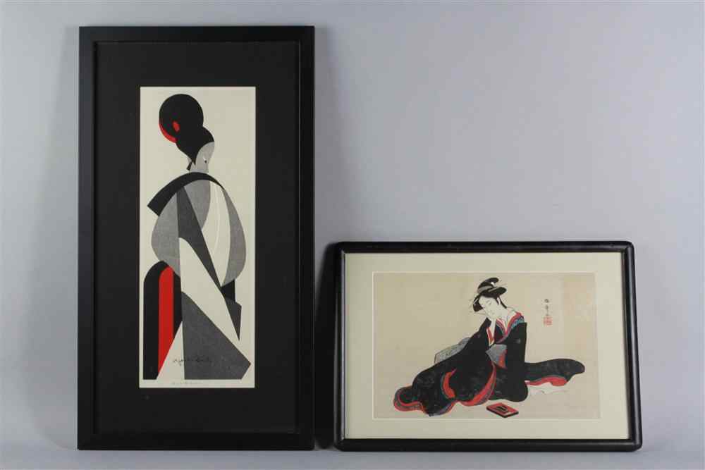 Appraisal: JAPANESE MODERN WOODBLOCK PRINT BUNRAKU BY KIYOSHI SAITO together with