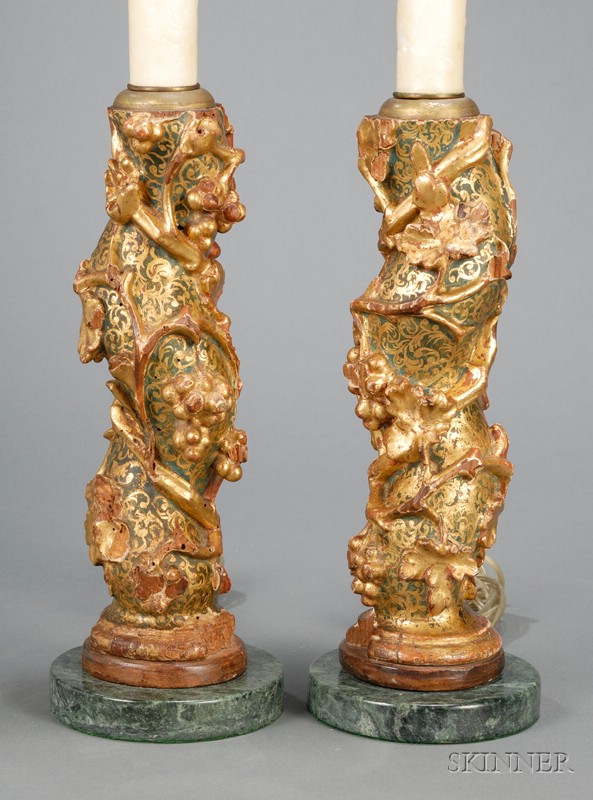 Appraisal: Pair of Venetian Giltwood Lamp Bases Italy th century carved