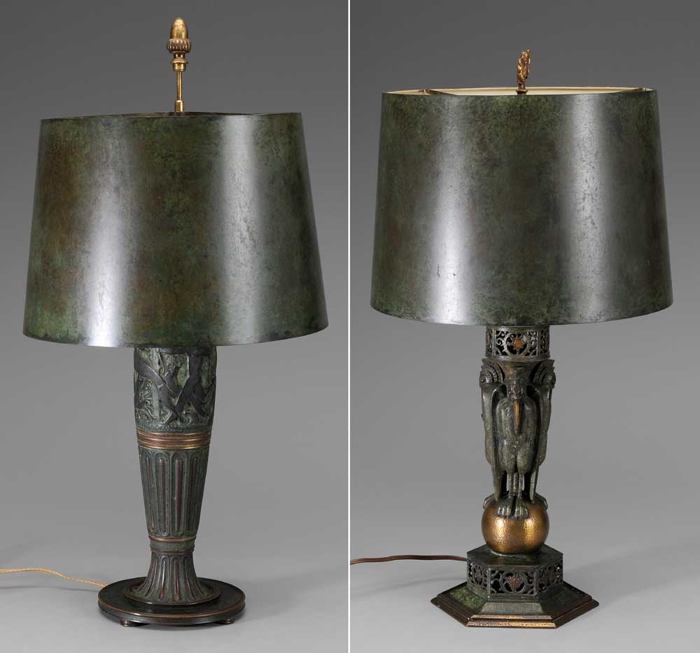 Appraisal: Rare Assembled Pair Oscar Bach Bronze Table Lamps American circa